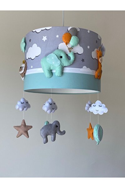 Leobabyroom Gri Bulutlu Mint Hayvan Figürlü Kız/erkek Bebek/çocuk Odası Tasarım Avize