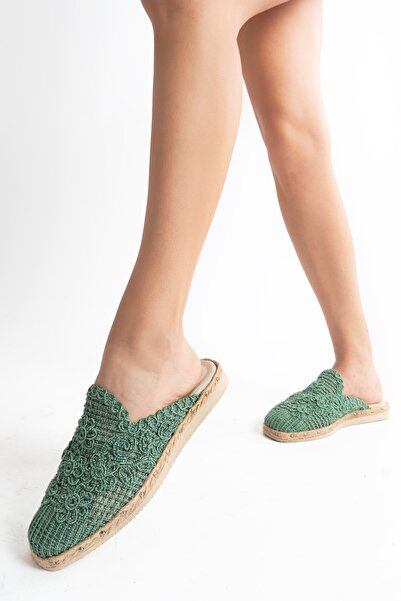 PASSAGE SHOES 6124 Green Braided Staple Detailed Eva Sole Slippers