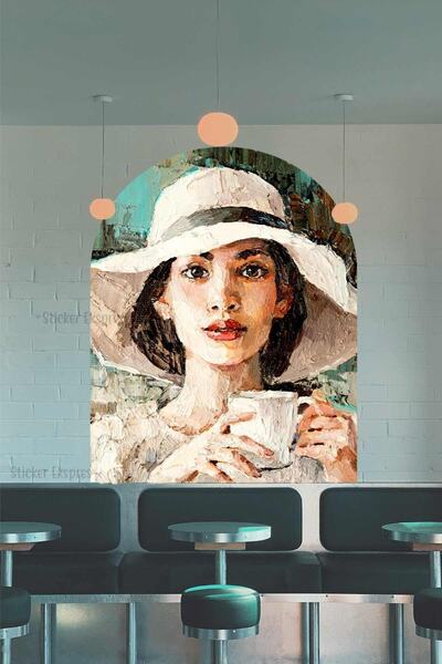 Sticker Ekspres Yağlı Boya Kahve Içen Kadın Portresi Dekoratif Duvar Sticker