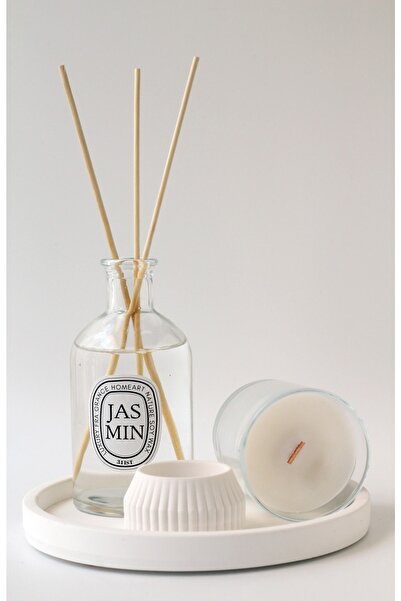 homeartplus Dekoratif Şişede 200 Ml Yasemin Oda Kokusu Ve 185 Cc Mum Seti (altlık Dahil)