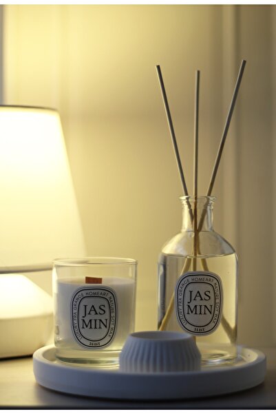 homeartplus Dekoratif Şişede 200 Ml Yasemin Oda Kokusu Ve 185 Cc Mum Seti (altlık Dahil)