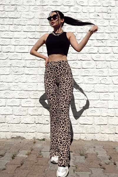 KaSheHa Leopar Desen Krep Kumaş Likralı Yüksek Bel Ispanyol Paça Pantolon 100 Cm