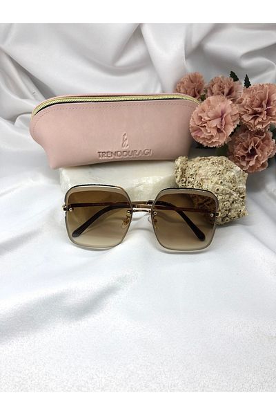 Di Caprio Ella Square Rectangle Gold Detailed Light Brown Women's Sunglasses
