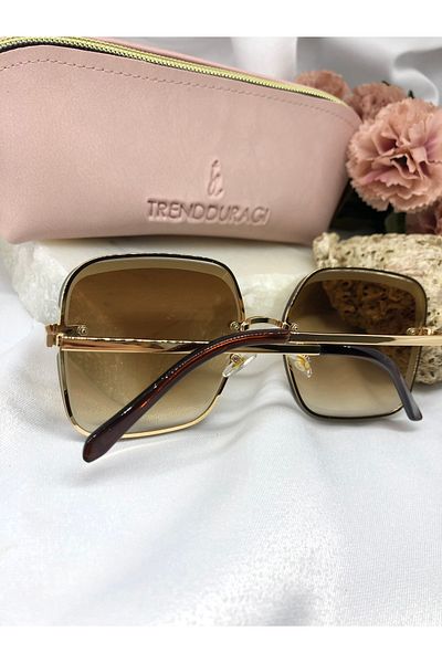 Di Caprio Ella Square Rectangle Gold Detailed Light Brown Women's Sunglasses