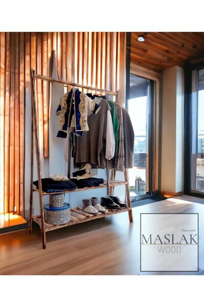 MASLAKWOOD 2 Raflı Ahşap Konfeksiyon Elbise Askılık Vestiyer 148x106