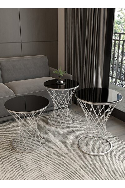 Puklife 3lü Hasır Yan Sehpa Krom Ayak, Siyah Cam