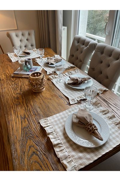Decamor home Αδιάβροχο Μπεζ Gingham Ruffle American Service Σετ 4 τεμαχίων