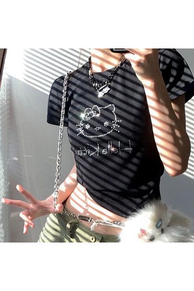 Touz Moda Γοτθικό κέντημα με πέτρα Hello Kitty Black Crop