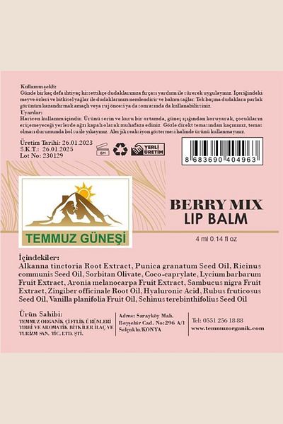 TEMMUZ ORGANİK Berry Mix Lip Balm 4 ml