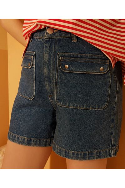 NEWLAKER Pantaloni scurți albaștri din denim cu talie înaltă, cu detaliu din buzunar frontal