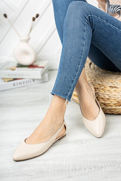 Deripabuc Genuine Leather Beige Women's Leather Ballerinas Dp58-5052