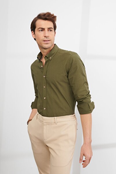 ALTINYILDIZ CLASSICS Men's Khaki Slim Fit Slim Fit Button Collar 100% Cotton Shirt