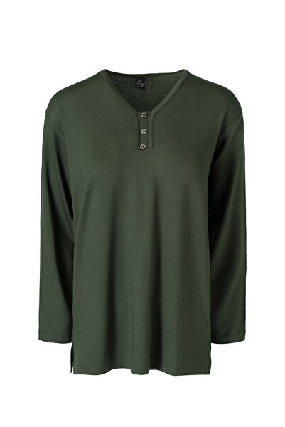 Trikolay بلوزة قطنية ممشطة كبيرة الحجم برقبة على شكل حرف V و3 أزرار