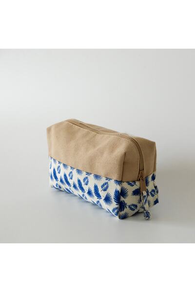 wolo Navy Blue Leaf on Raw Linen 100% Cotton Mini Bag (Pen Holder / Wallet / ...