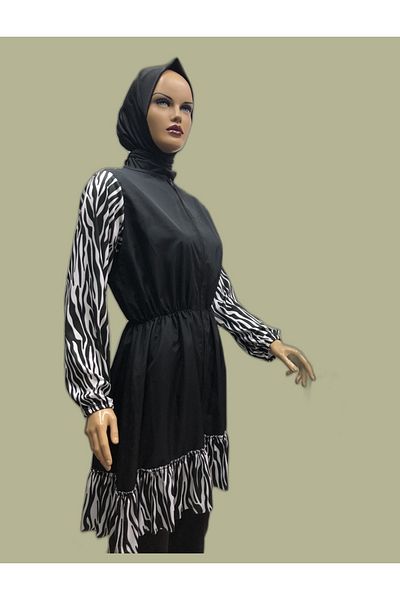eflin Women's Clothing Black-white Zebra Ruffled Full Covered Hijab Swimsuit Including Bonnet