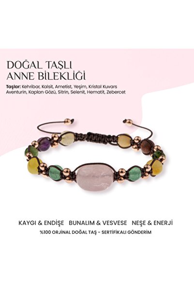 OSMANLI DOĞAL TAŞ Doğal Taşlı Anne Bilekliği Kehribar, Ametist, Yeşim, Sitrin, Aventurin, Rodonit, Kristal Kuvars