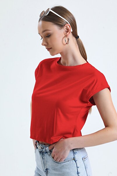 MD trend Women's Red Crew Neck Bat Sleeve Basic Crop T-Shirt