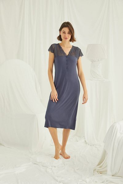 MONAMİSE Women's Sleeveless Shoulder and Collar Lace Front Button Nightgown