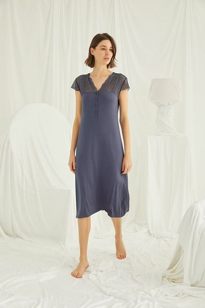 MONAMİSE Women's Sleeveless Shoulder and Collar Lace Front Button Nightgown