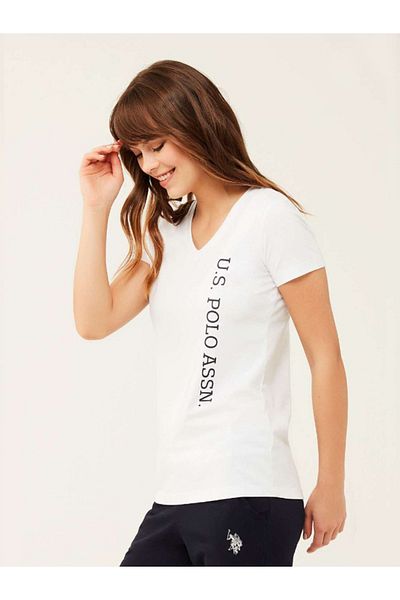 U.S. Polo Assn. Tricou din bumbac cu decolteu în V, cu licență, Uspa, alb