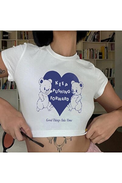 Touz September Bears & Heart Printed White Crop