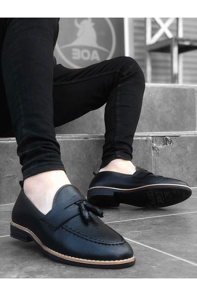 tomıross Loafer Black Leather Tasseled Men's Ballerina Shoes Lfrpskl-001