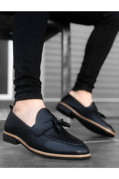 tomıross Loafer Black Leather Tasseled Men's Ballerina Shoes Lfrpskl-001