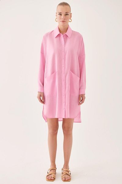 Perspective Brissa Comfortable Shirt Collar Below Knee Pink Color Dress