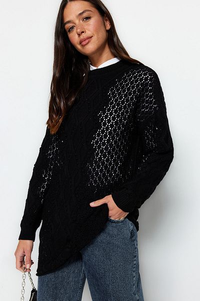 Trendyol Modest Черен ажурен трикотажен пуловер TCTAW22AK0089