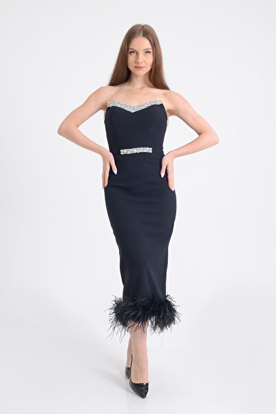 SpringStore Siyah Taş Deatylı Straplez Abiye Elbise