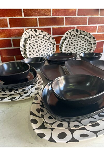Keramika 27 Parça Tetra Black & White Love Yemek Takımı