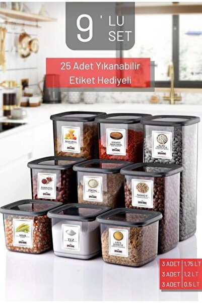 Open Home Concept 9'lu Set Etiketli, Kırılmaz Kare Erzak Saklama Kabı Antrasi...