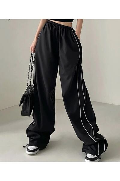 Gofeel Y2k Siyah Renkli Unisex Paraşüt Eşofman Altı Çizgili Paraşüt Pantolon