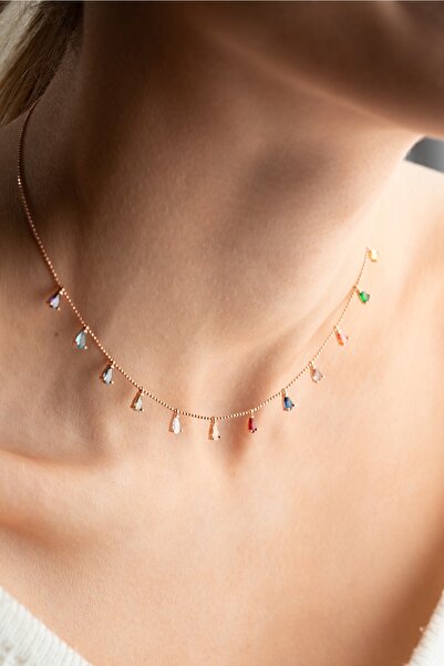 Zundesilver 925 Ayar Renkli Zirkon Damla Sıralı Taşlı Gümüş Kolye