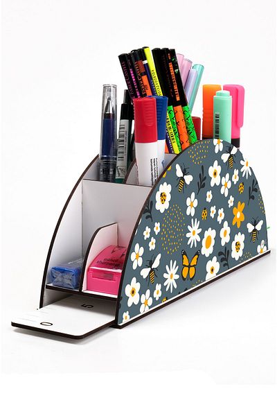 kutuTR Wooden Vip Daisies Model Rainbow Ruled Desktop Pen Holder Organizer Assembled Boxed
