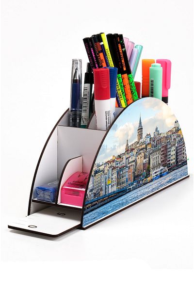 kutuTR Wooden Vip Istanbul Model Rainbow Ruled Desktop Pen Holder Organizer with Assembled Box