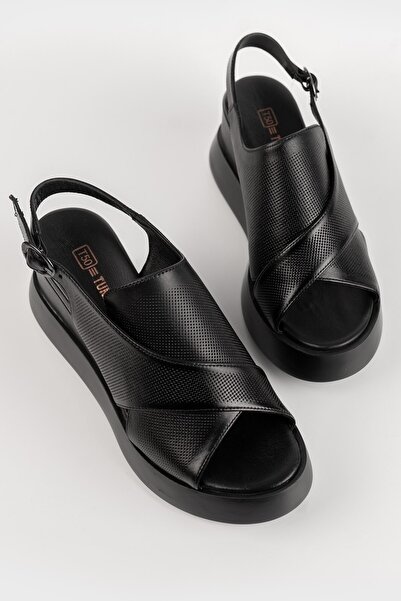TUNAELLİ Women's Black Genuine Natural Leather Wedge Heeled Sandals