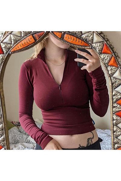 Gofeel Half Zip Long Sleeve Burgundy Camisole Slim Crop