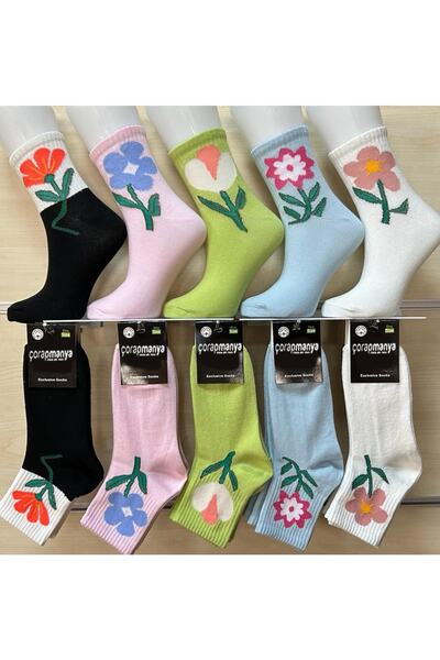 çorapmanya 5 Çift Çok Renkli Çiçek Desenli Pamuklu Kolej Tenis Çorap