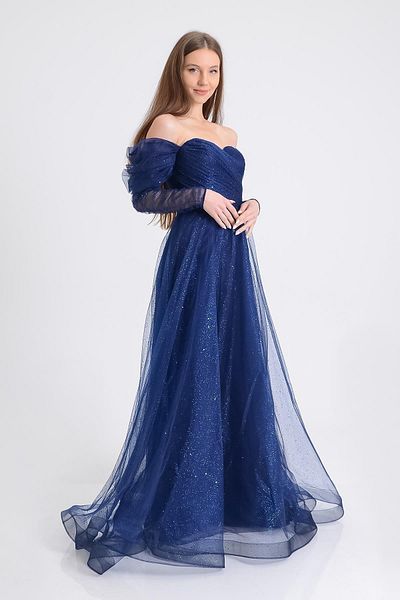 SpringStore Rochie de seara din tul cu maneca lunga bleumarin