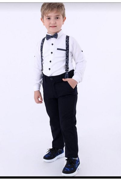 renkli diyar Boy's Top and Bottom Set Long Sleeve Shirt Pants with Bow Tie and Suspender 4-Piece Set