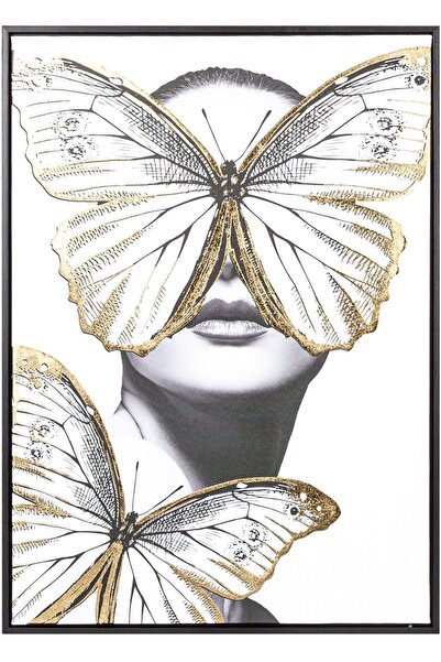 Herdekora Siyah Ahşap Çerçeveli Gold Kabartmalı Kelebekler Ve Kadın Modern Ka...