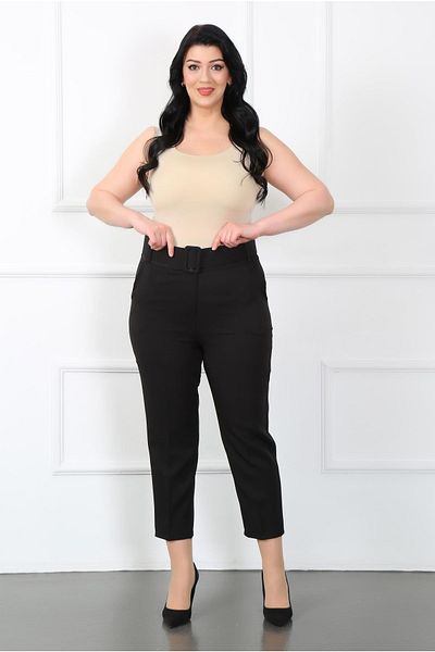 By Alba Collection Women's Black Thick Belted Dumbbell Plus Size Trousers