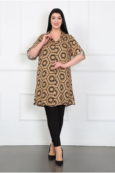 By Alba Collection Дамска туника с мотив пчелна пита в кафяво и вискозен цвят, големи размери
