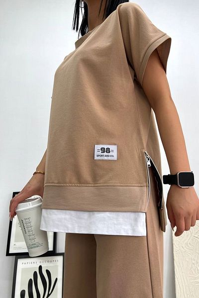lovebox Women's Two Thread Cotton Fabric Oversize Design Side Zipper Detailed Beige Tracksuit 016