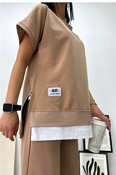 lovebox Women's Two Thread Cotton Fabric Oversize Design Side Zipper Detailed Beige Tracksuit 016