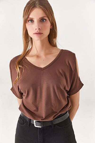 Olalook Bluză din viscoză tricotată decoltată, cu decolteu în V, maro amar, pentru femei BLZ-19002291