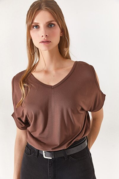 Olalook Bluză din viscoză tricotată decoltată, cu decolteu în V, maro amar, pentru femei BLZ-19002291
