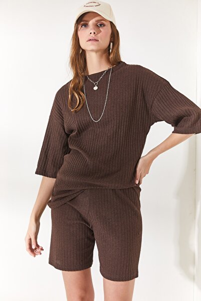 Olalook Női keserűbarna alsó rövid harisnya felső bő blúz készlet TKM-19000200