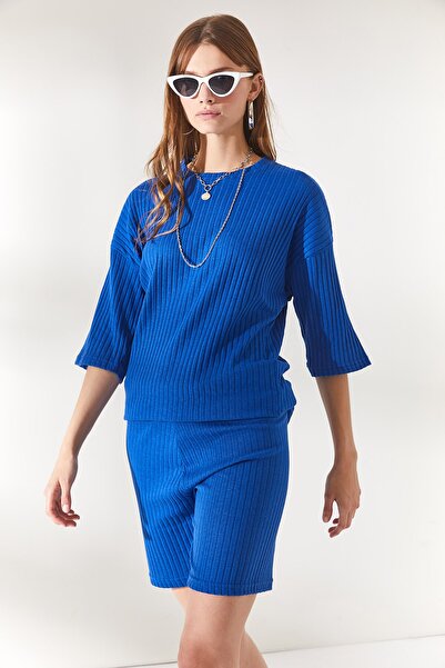 Olalook Dámské Saks Modré Spodní Krátké punčochové kalhoty Top Volná Halenka Set TKM-19000200